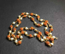 Load image into Gallery viewer, 54+1 Beads Rudraksha and moti mala with metallic capping - Rudradhyay