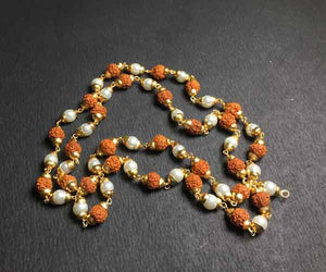 54+1 Beads Rudraksha and moti mala with metallic capping - Rudradhyay
